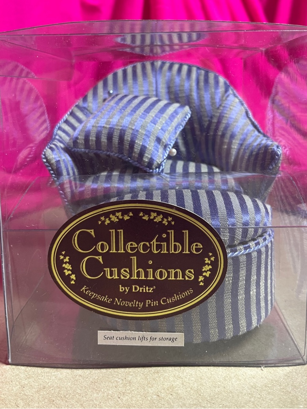 Dritz Collectible Cushions Blue Striped Pin Cushions Storage Compartment 3pc Set